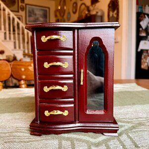 Vintage Wooden Armoire Style Jewelry Box - 4 Drawers and Door with Necklace Hook